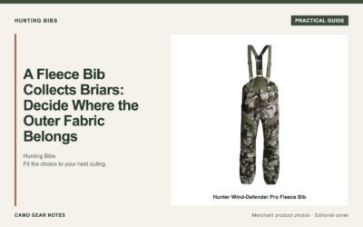 Editorial cover: A Fleece Bib Collects Briars: Decide Where the Outer Fabric Belongs. Merchant photos: Hunter Wind-Defender Pro Fleece Bib.