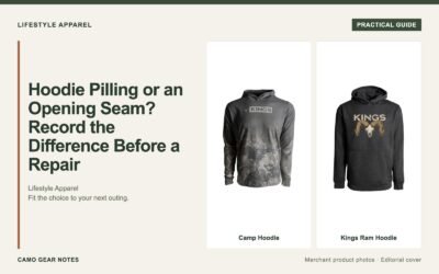 Editorial cover: Hoodie Pilling or an Opening Seam? Record the Difference Before a Repair. Merchant photos: Camp Hoodie, Kings Ram Hoodie.