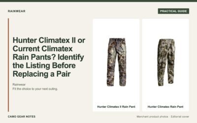 Editorial cover: Hunter Climatex II or Current Climatex Rain Pants? Identify the Listing Before Replacing a Pair. Merchant photos: Hunter Climatex II Rain Pant, Hunter Climatex Rain Pant.