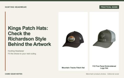 Editorial cover: Kings Patch Hats: Check the Richardson Style Behind the Artwork. Merchant photos: Mountain Tracks Patch Hat, 112 Five Panel Embroidered Logo Hat.