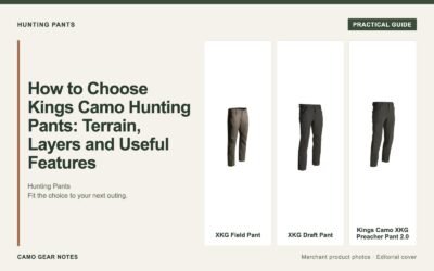 Editorial cover: How to Choose Kings Camo Hunting Pants: Terrain, Layers and Useful Features. Merchant photos: XKG Field Pant, XKG Draft Pant, Kings Camo XKG Preacher Pant 2.0.