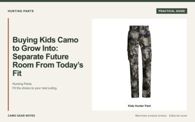 Editorial cover: Buying Kids Camo to Grow Into: Separate Future Room From Today’s Fit. Merchant photos: Kids Hunter Pant.