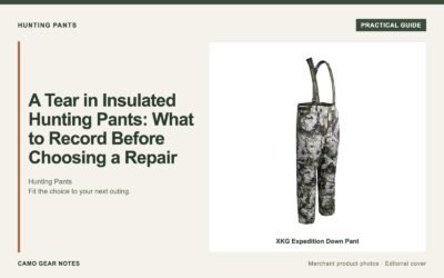 Editorial cover: A Tear in Insulated Hunting Pants: What to Record Before Choosing a Repair. Merchant photos: XKG Expedition Down Pant.