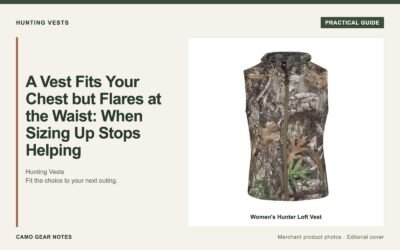 Editorial cover: A Vest Fits Your Chest but Flares at the Waist: When Sizing Up Stops Helping. Merchant photos: Women's Hunter Loft Vest.