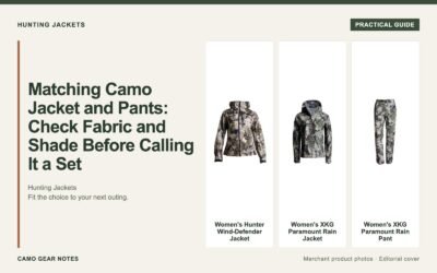 Editorial cover: Matching Camo Jacket and Pants: Check Fabric and Shade Before Calling It a Set. Merchant photos: Women's Hunter Wind-Defender Jacket, Women's XKG Paramount Rain Jacket, Women's XKG Paramount Rain Pant.