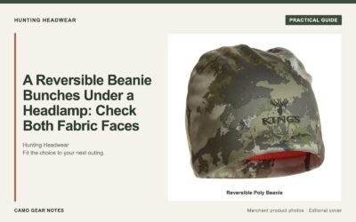 Editorial cover: A Reversible Beanie Bunches Under a Headlamp: Check Both Fabric Faces. Merchant photos: Reversible Poly Beanie.