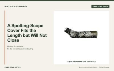 Editorial cover: A Spotting-Scope Cover Fits the Length but Will Not Close. Merchant photos: Alpine Innovations Spot Slicker NX2.