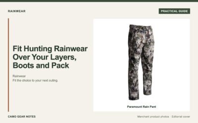 Editorial cover: Fit Hunting Rainwear Over Your Layers, Boots and Pack. Merchant photos: Paramount Rain Pant.