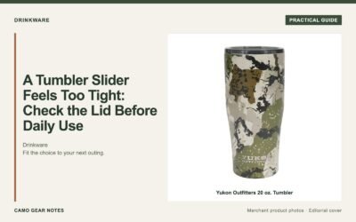 Editorial cover: A Tumbler Slider Feels Too Tight: Check the Lid Before Daily Use. Merchant photos: Yukon Outfitters 20 oz. Tumbler.