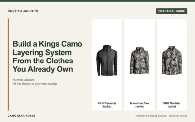 Editorial cover: Build a Kings Camo Layering System From the Clothes You Already Own. Merchant photos: XKG Pinnacle Jacket, Transition Flex Jacket, XKG Boulder Jacket.